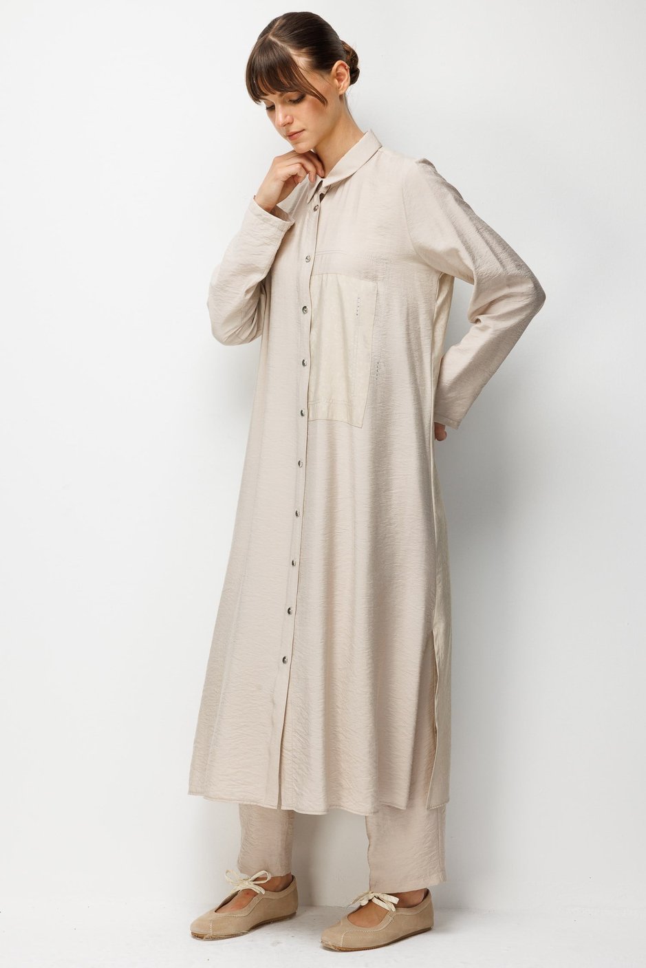 %85 LyoCELL Goldy Desenli Ara Kumaş Garnili Pantalon Maxi Tunik Kombin Takım.-Taş