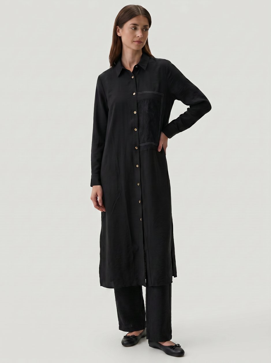 %85 LyoCELL Goldy Desenli Ara Kumaş Garnili Pantalon Maxi Tunik Kombin Takım.-Siyah