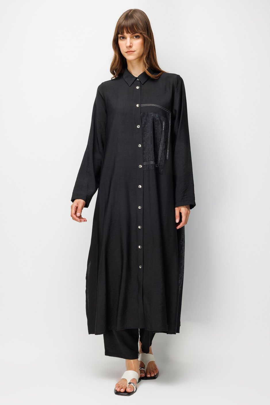 %85 LyoCELL Goldy Desenli Ara Kumaş Garnili Pantalon Maxi Tunik Kombin Takım.-Siyah