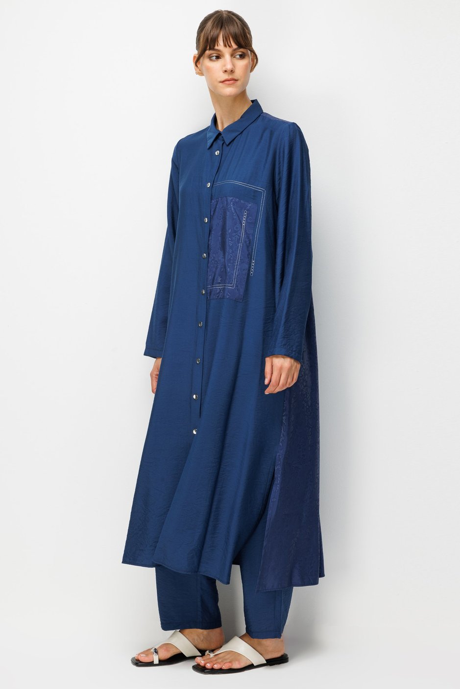 %85 LyoCELL Goldy Desenli Ara Kumaş Garnili Pantalon Maxi Tunik Kombin Takım.-Laci