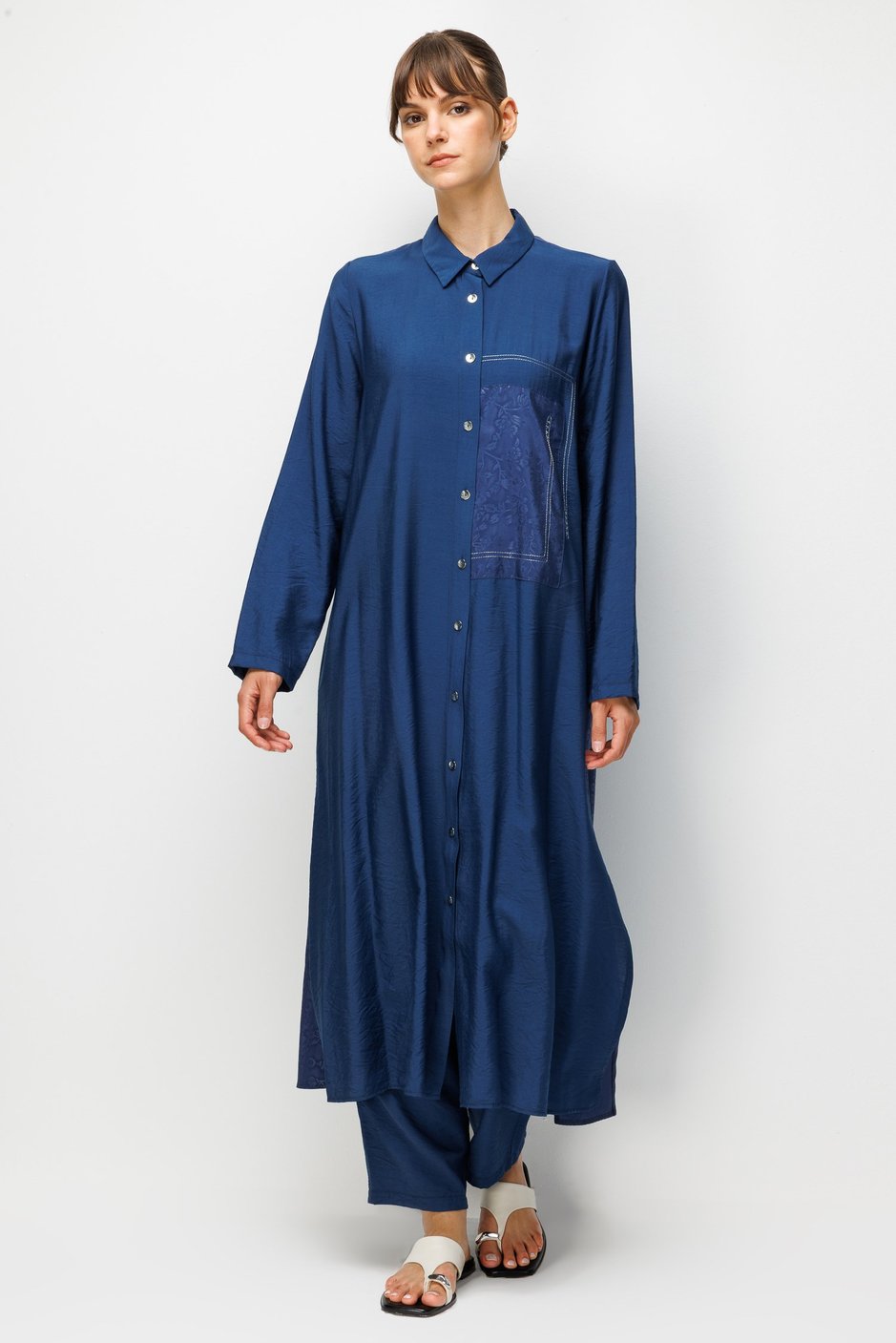 %85 LyoCELL Goldy Desenli Ara Kumaş Garnili Pantalon Maxi Tunik Kombin Takım.-Laci
