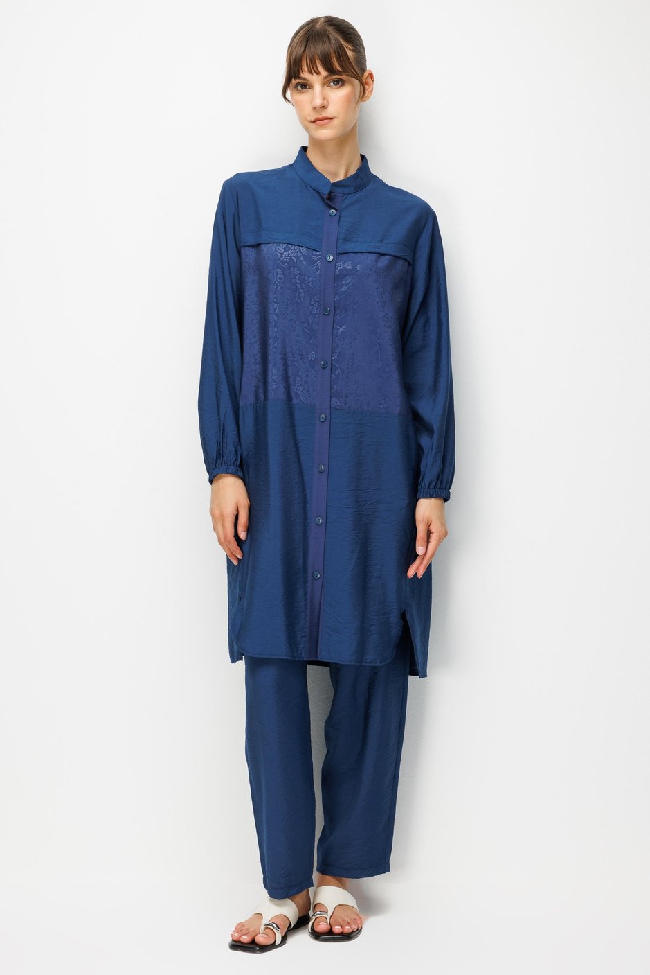 %85 LyoCELL Goldy Desenli Arabant Basen Örten Tunik Pantalon Kombin Takım-Laci