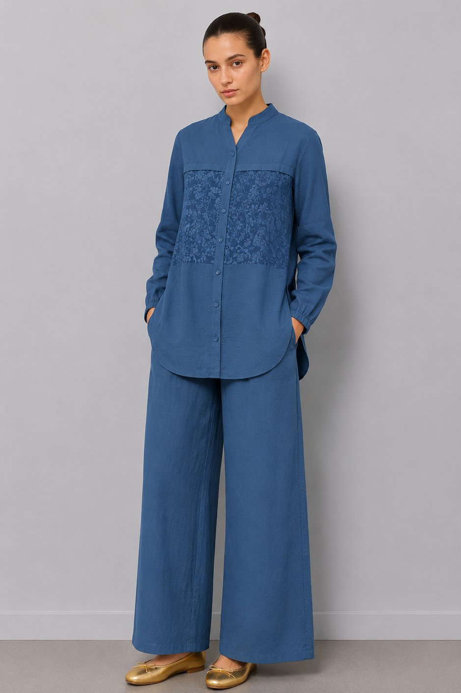 %85 LyoCELL Goldy Desenli Arabant Basen Örten Tunik Pantalon Kombin Takım-Laci