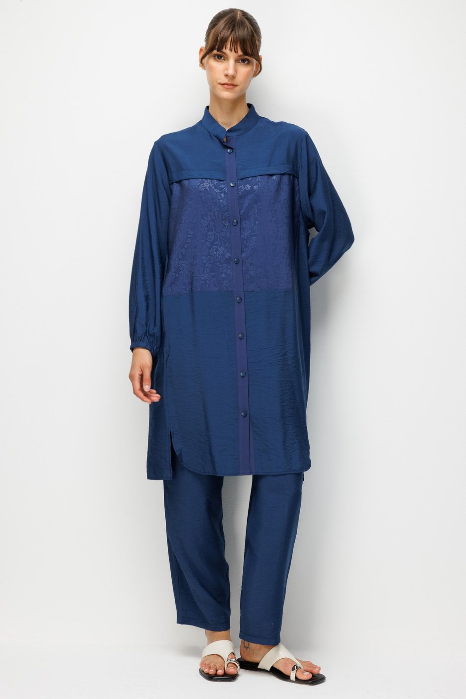 %85 LyoCELL Goldy Desenli Arabant Basen Örten Tunik Pantalon Kombin Takım-Laci