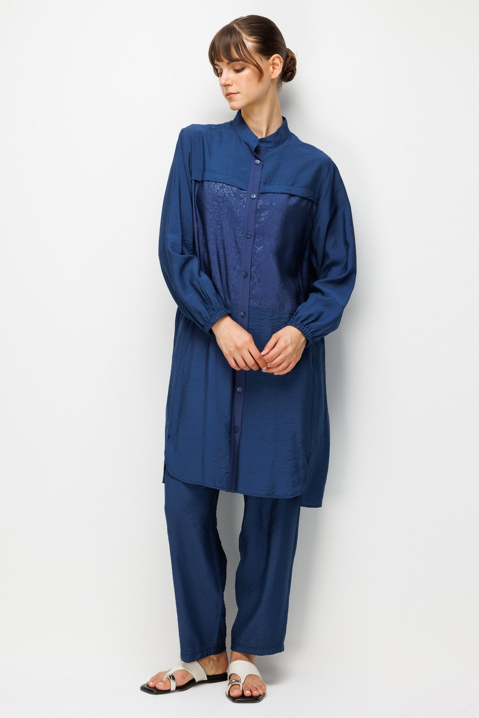 %85 LyoCELL Goldy Desenli Arabant Basen Örten Tunik Pantalon Kombin Takım-Laci
