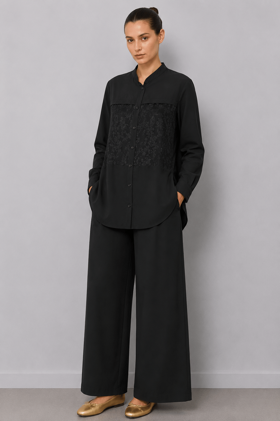 %85 LyoCELL Goldy Desenli Arabant Basen Örten Tunik Pantalon Kombin Takım-Siyah