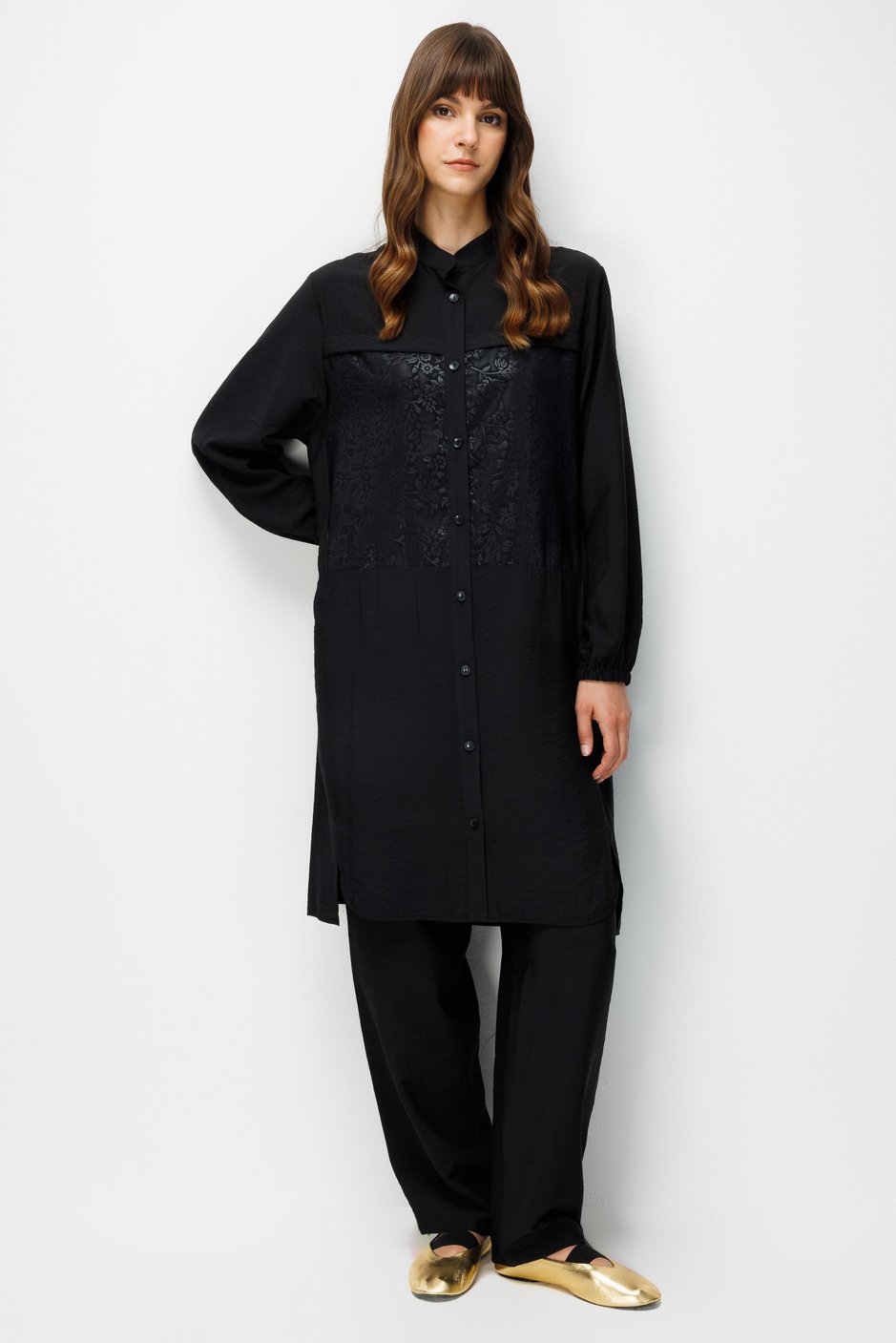 %85 LyoCELL Goldy Desenli Arabant Basen Örten Tunik Pantalon Kombin Takım-Siyah