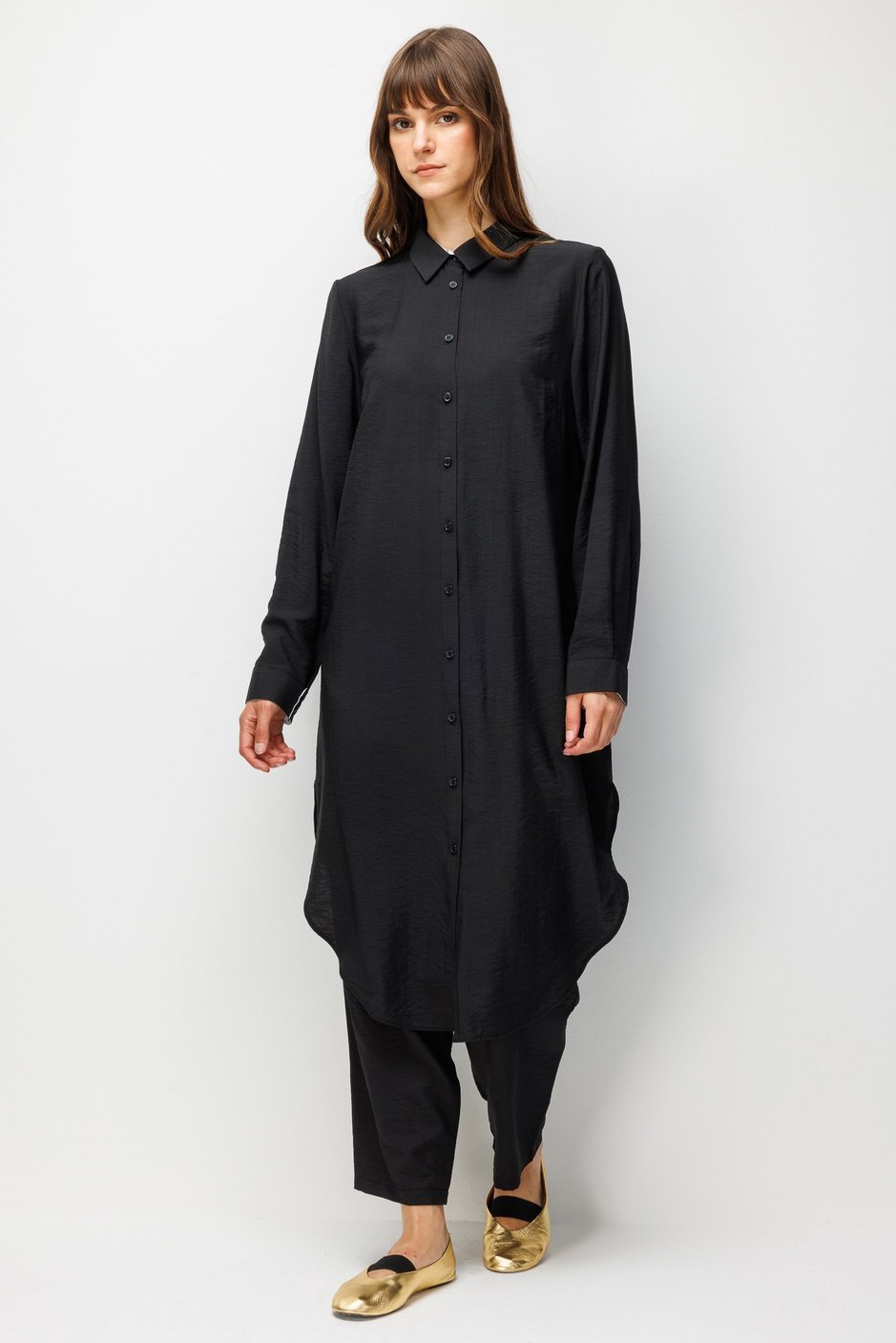 %85 LyoCELL Goldy Marin Çizgi  Ara Kumaş Garnili Pantalon Maxi Tunik Kombin Takım-Siyah