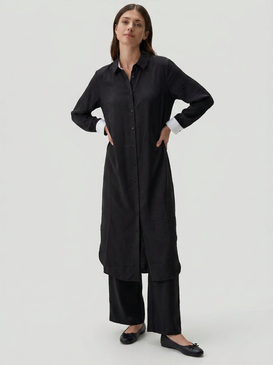 %85 LyoCELL Goldy Marin Çizgi  Ara Kumaş Garnili Pantalon Maxi Tunik Kombin Takım-Siyah