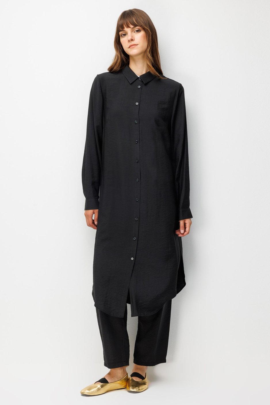%85 LyoCELL Goldy Marin Çizgi  Ara Kumaş Garnili Pantalon Maxi Tunik Kombin Takım-Siyah