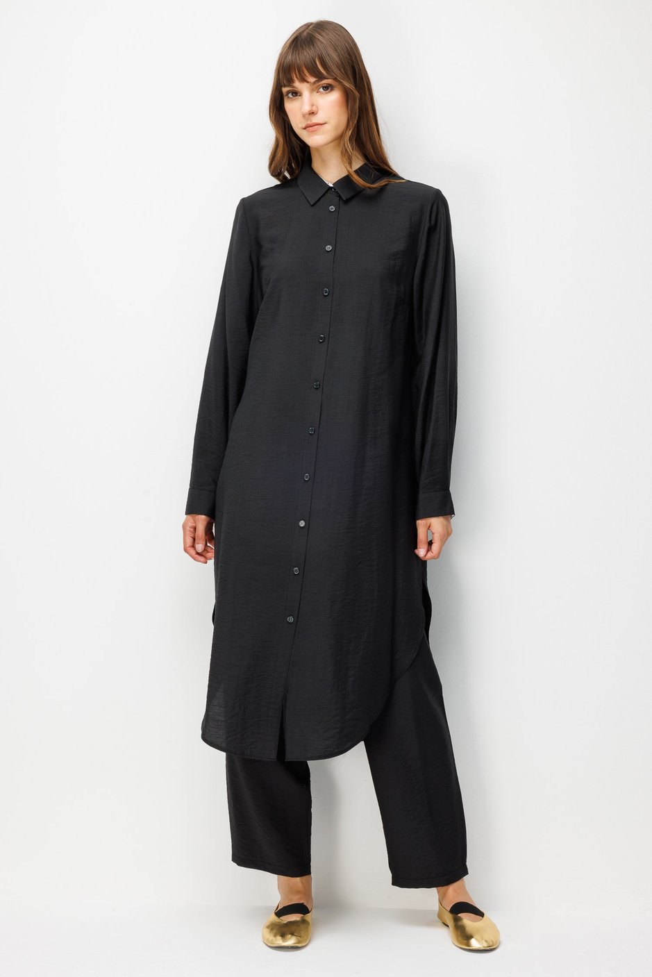 %85 LyoCELL Goldy Marin Çizgi  Ara Kumaş Garnili Pantalon Maxi Tunik Kombin Takım-Siyah