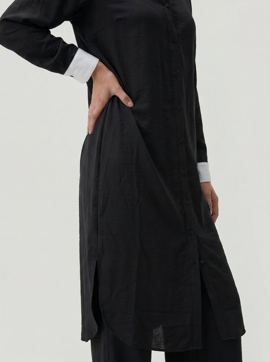 %85 LyoCELL Goldy Marin Çizgi  Ara Kumaş Garnili Pantalon Maxi Tunik Kombin Takım-Siyah
