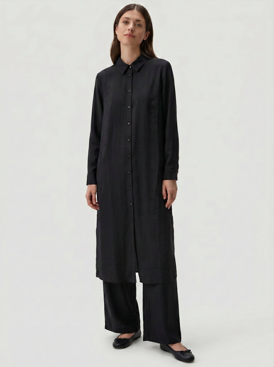 %85 LyoCELL Goldy Marin Çizgi  Ara Kumaş Garnili Pantalon Maxi Tunik Kombin Takım-Siyah