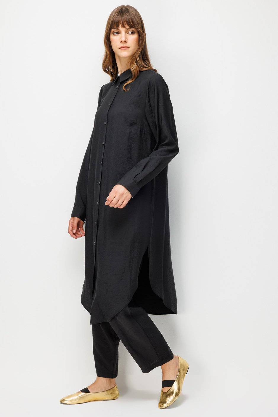 %85 LyoCELL Goldy Marin Çizgi  Ara Kumaş Garnili Pantalon Maxi Tunik Kombin Takım-Siyah