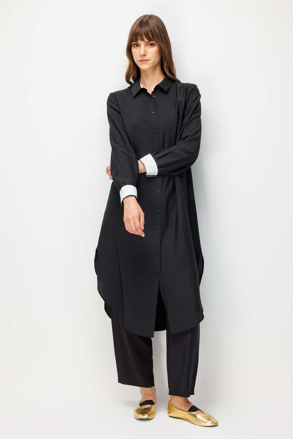 %85 LyoCELL Goldy Marin Çizgi  Ara Kumaş Garnili Pantalon Maxi Tunik Kombin Takım-Siyah