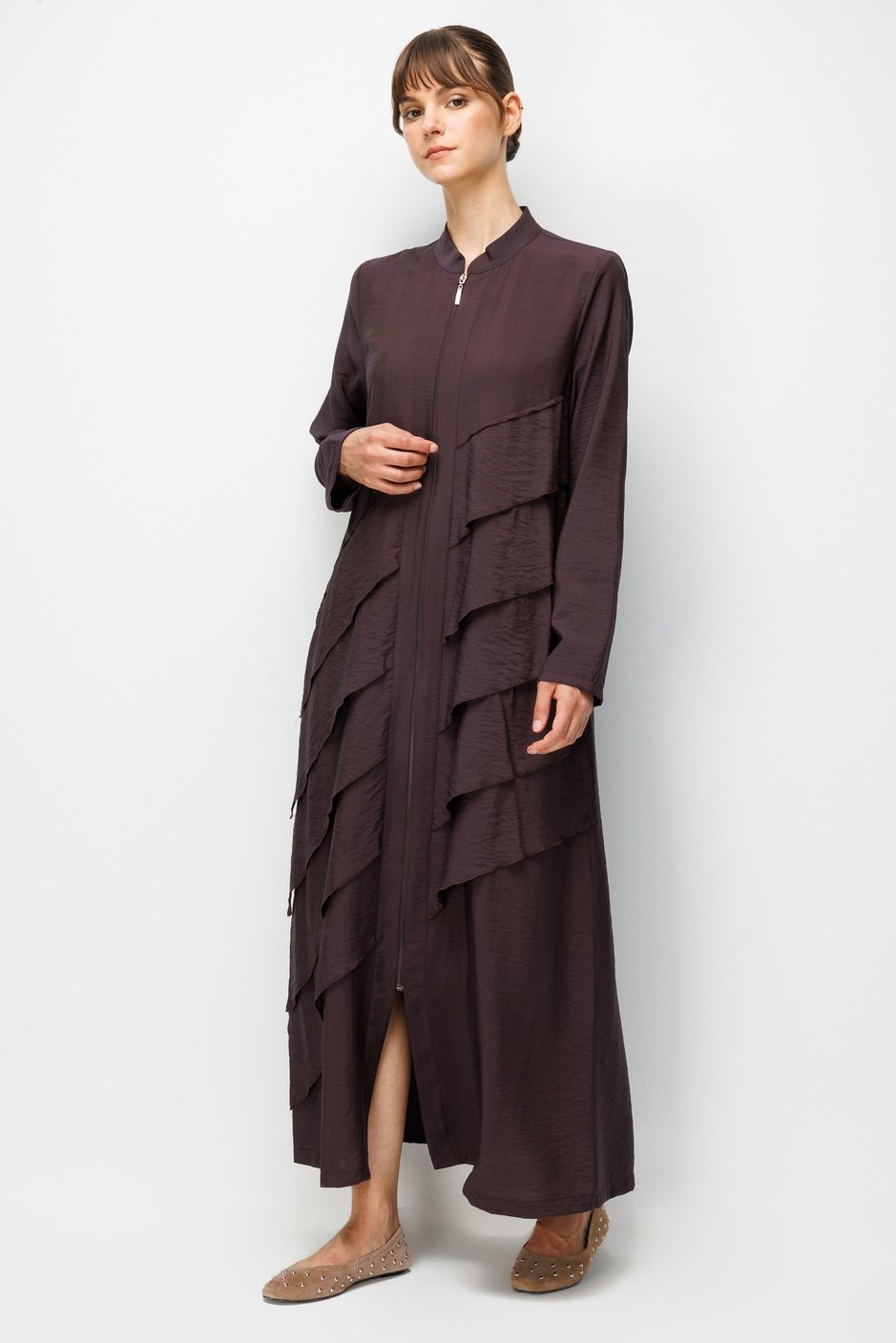 85% LyoCELL Goldy Parallel Ruffled Hooded Abaya - Brown