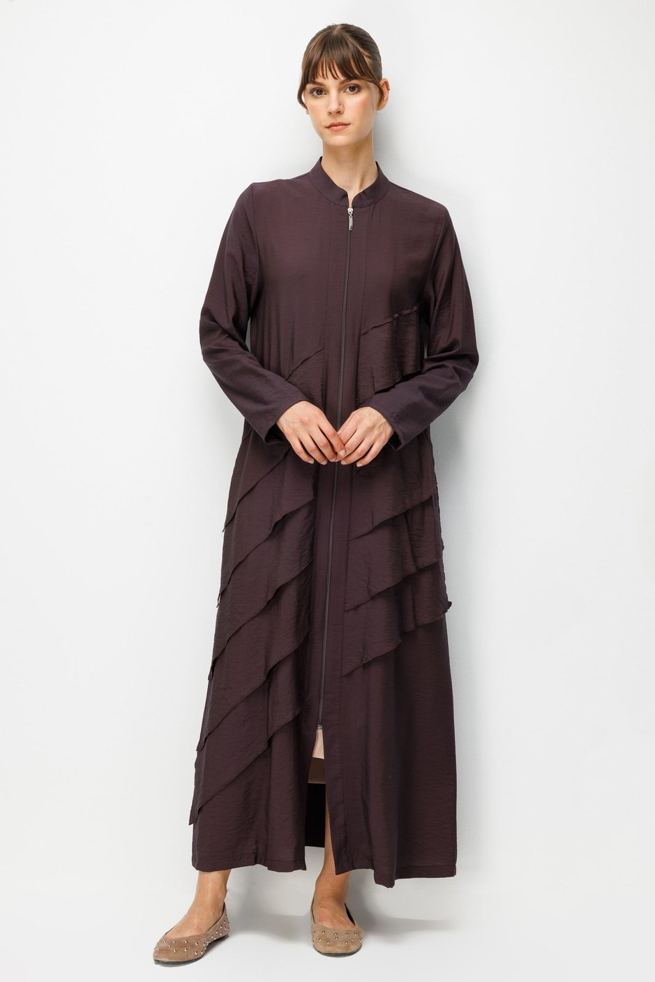 85% LyoCELL Goldy Parallel Ruffled Hooded Abaya - Brown