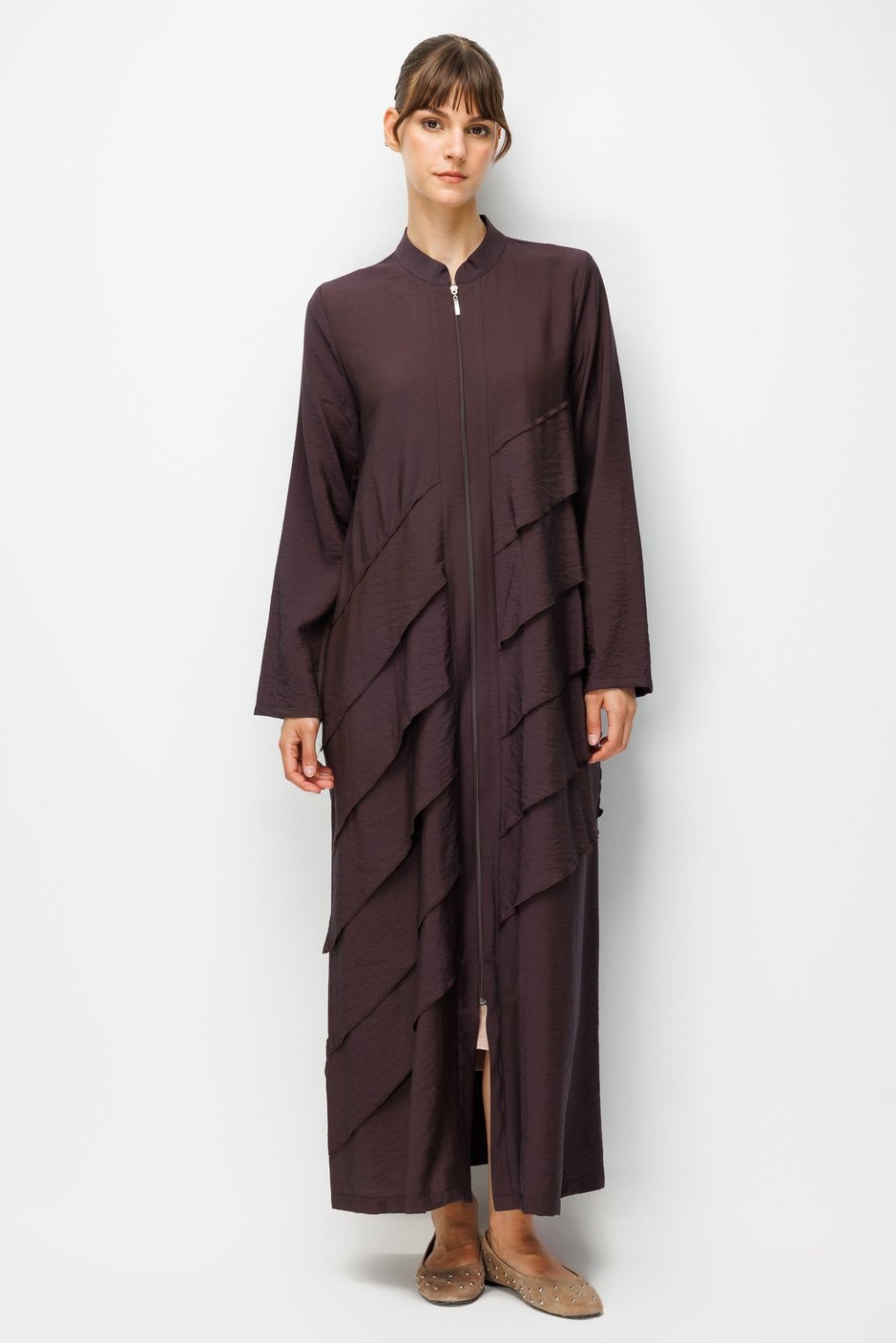 85% LyoCELL Goldy Parallel Ruffled Hooded Abaya - Brown