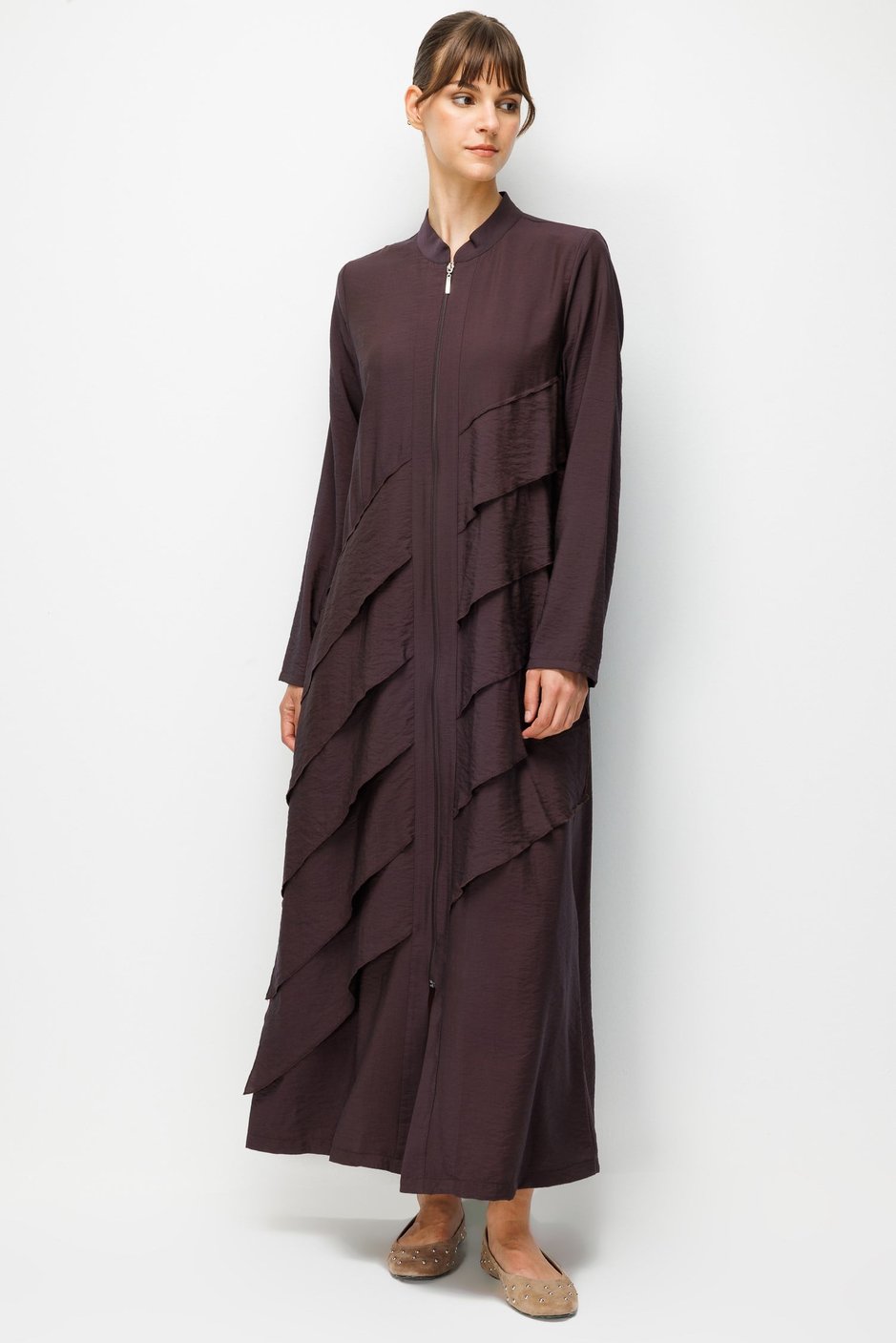 85% LyoCELL Goldy Parallel Ruffled Hooded Abaya - Brown
