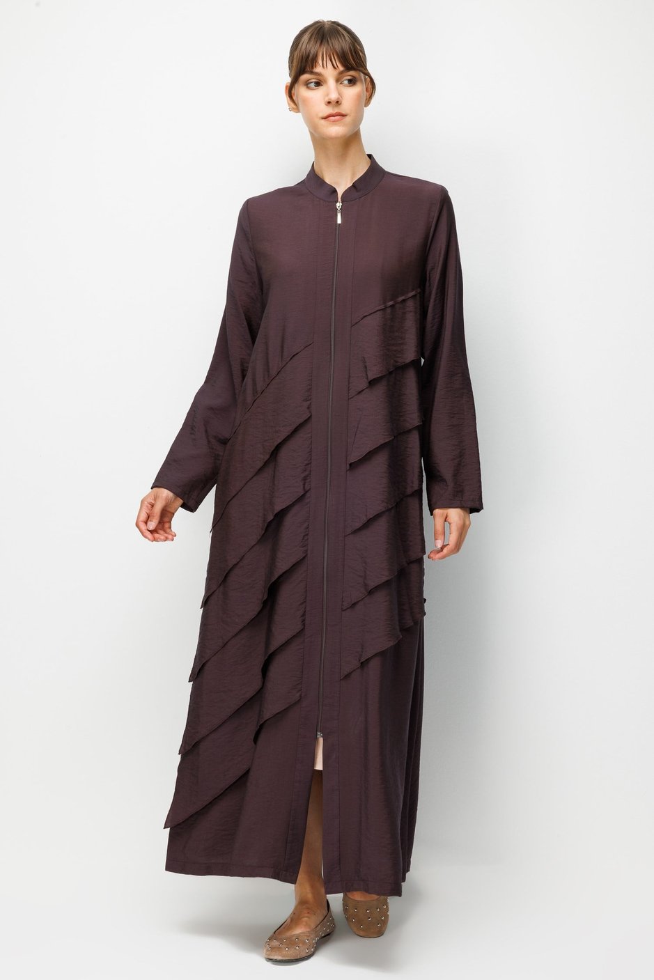 85% LyoCELL Goldy Parallel Ruffled Hooded Abaya - Brown