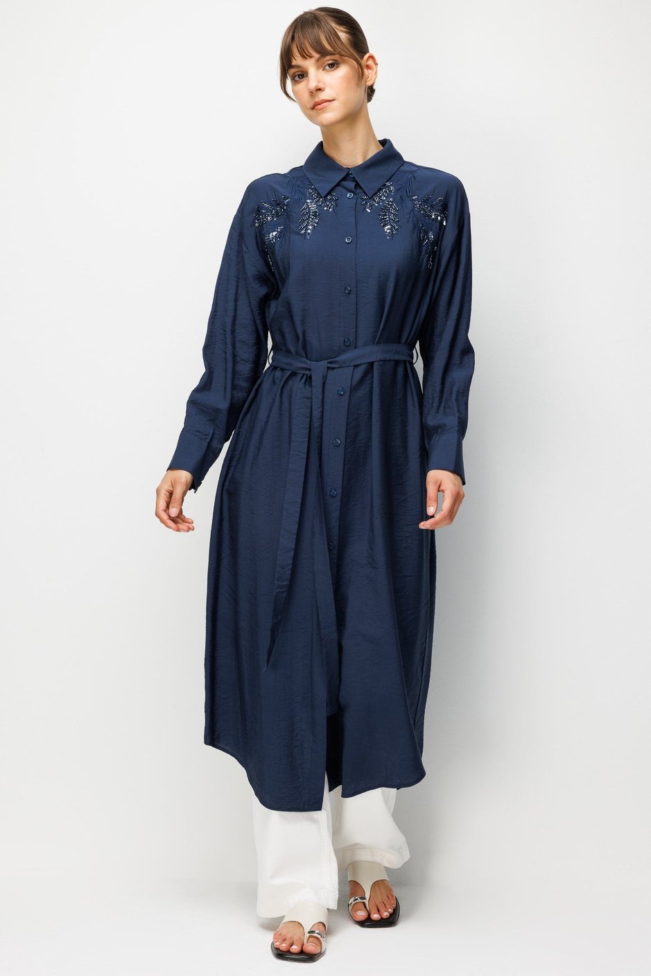 %85 LyoCELL Omuz El İşi Nakış Detaylı Maxi Tunik Elbise-Laci