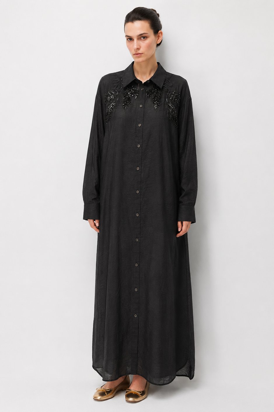 %85 LyoCELL Omuz El İşi Nakış Detaylı Maxi Tunik Elbise-Siyah