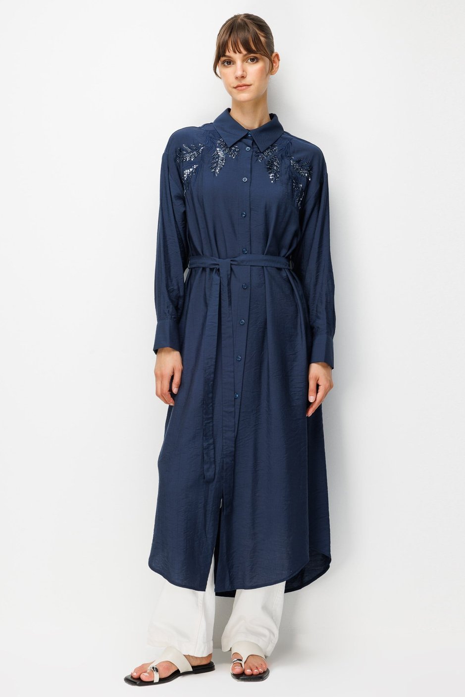 %85 LyoCELL Omuz El İşi Nakış Detaylı Maxi Tunik Elbise-Laci