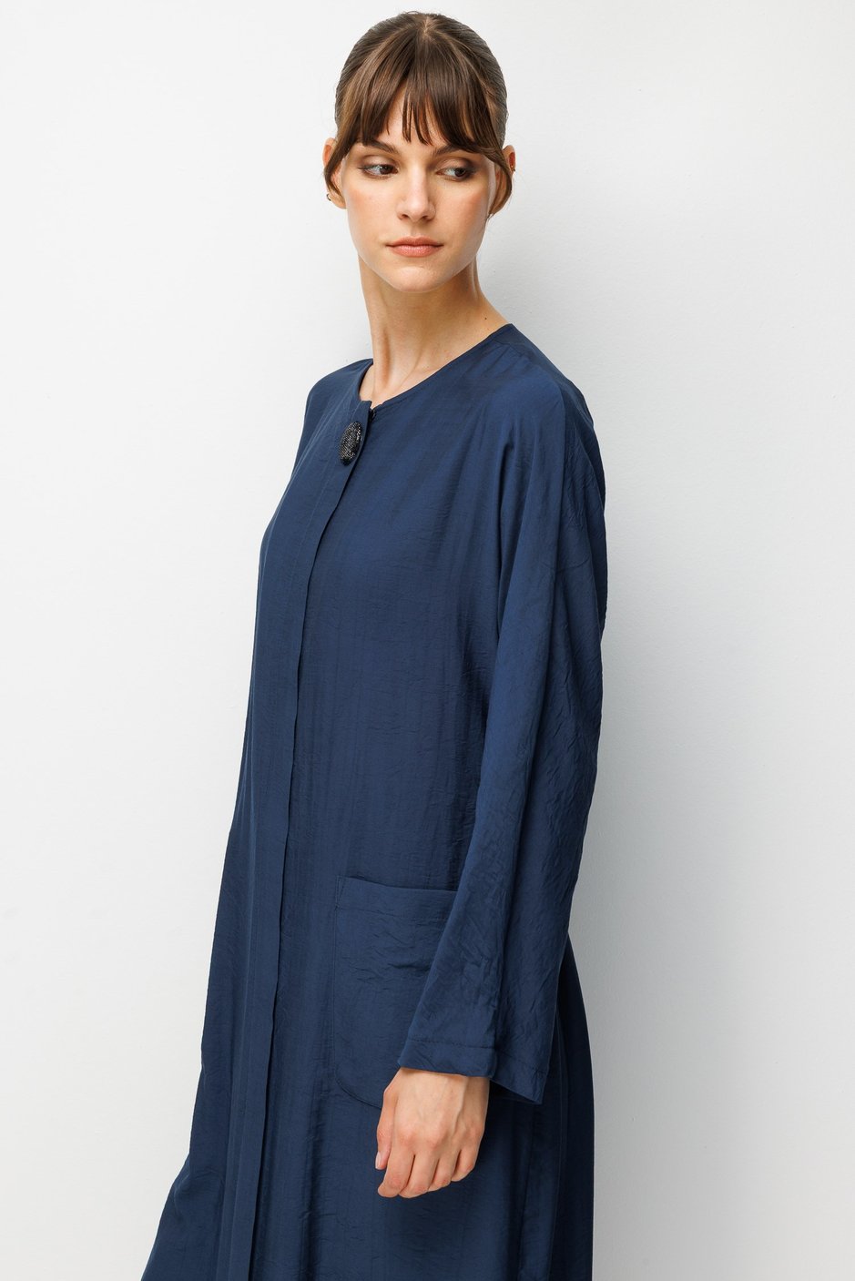 85% LyoCELL Eenvoudige en bijzondere abaya met plooien in de taille - Marineblauw