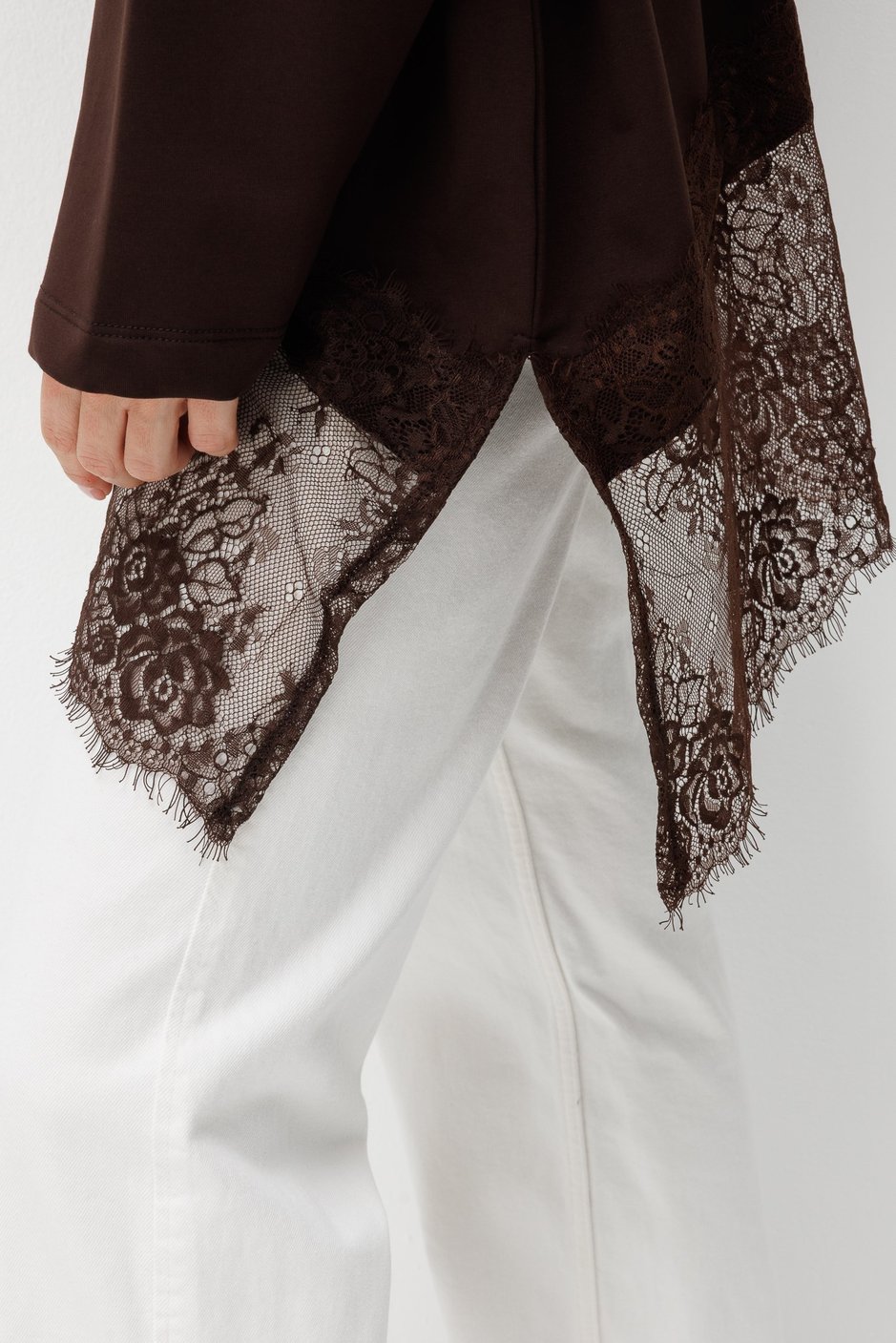 Asimetrik Dantel Garnili Tunik-Kahve