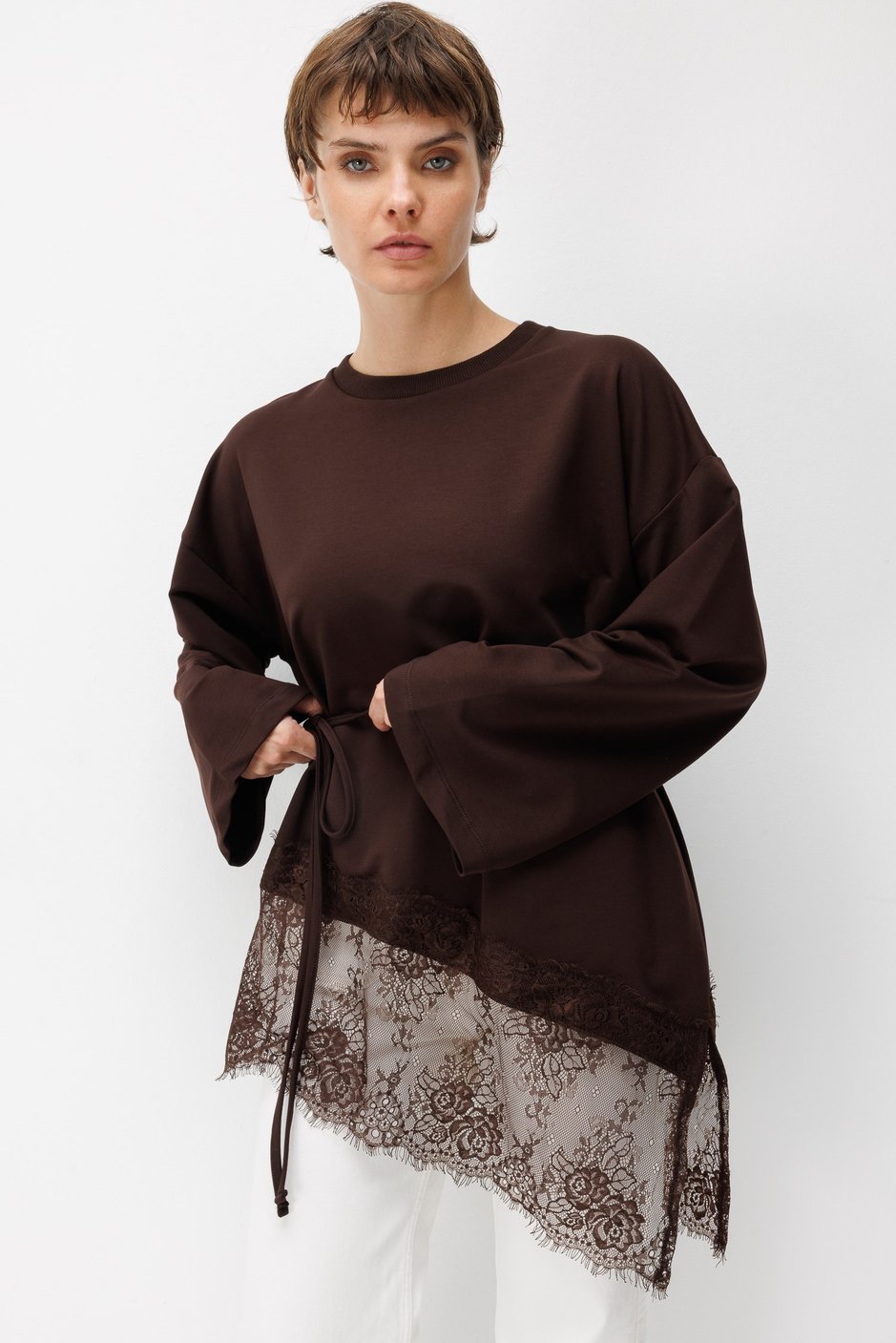 Asimetrik Dantel Garnili Tunik-Kahve