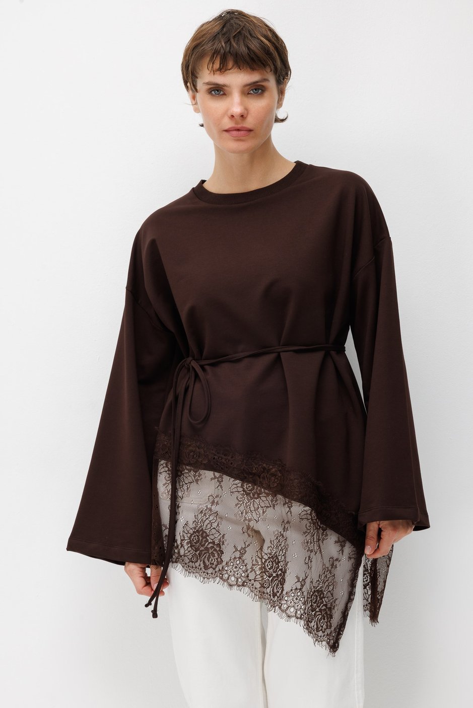Asimetrik Dantel Garnili Tunik-Kahve