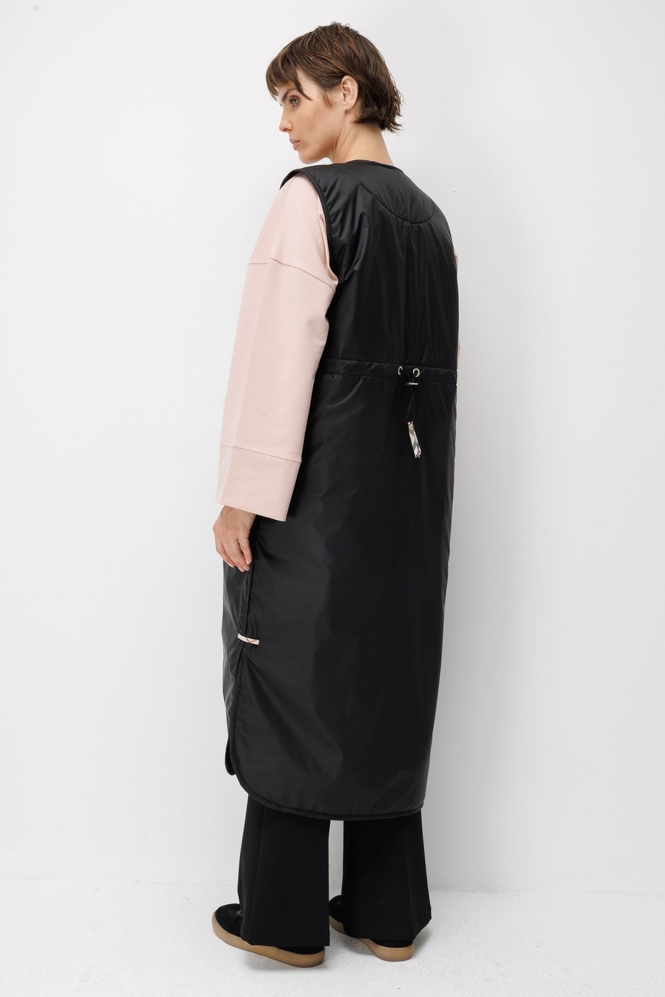 Classy Ekose Garnili Çıtçıtlı Uzun Yelek-Siyah