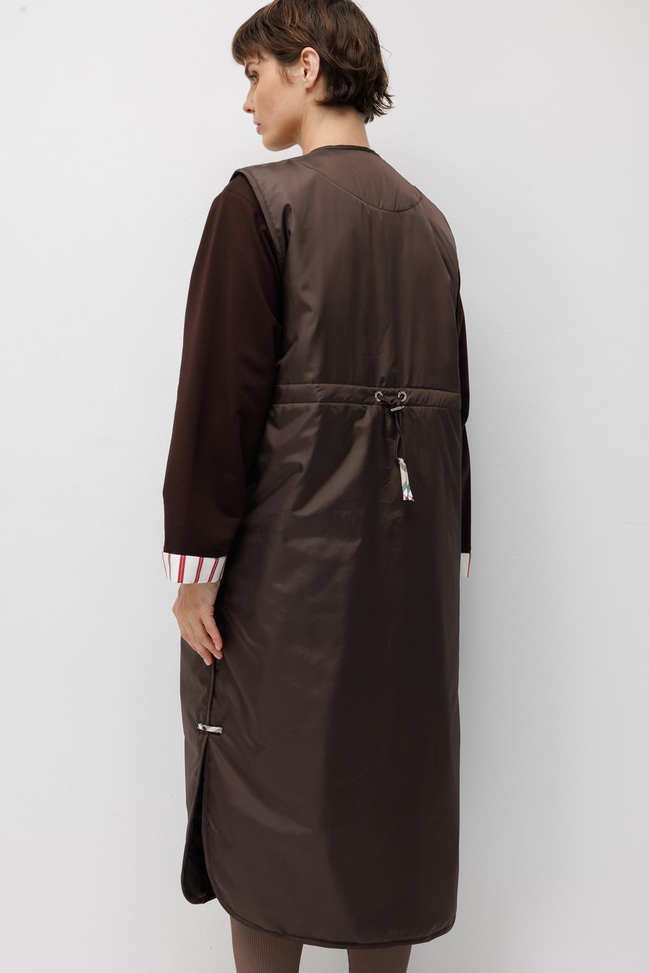 Classy Ekose Garnili Çıtçıtlı Uzun Yelek-Kahve