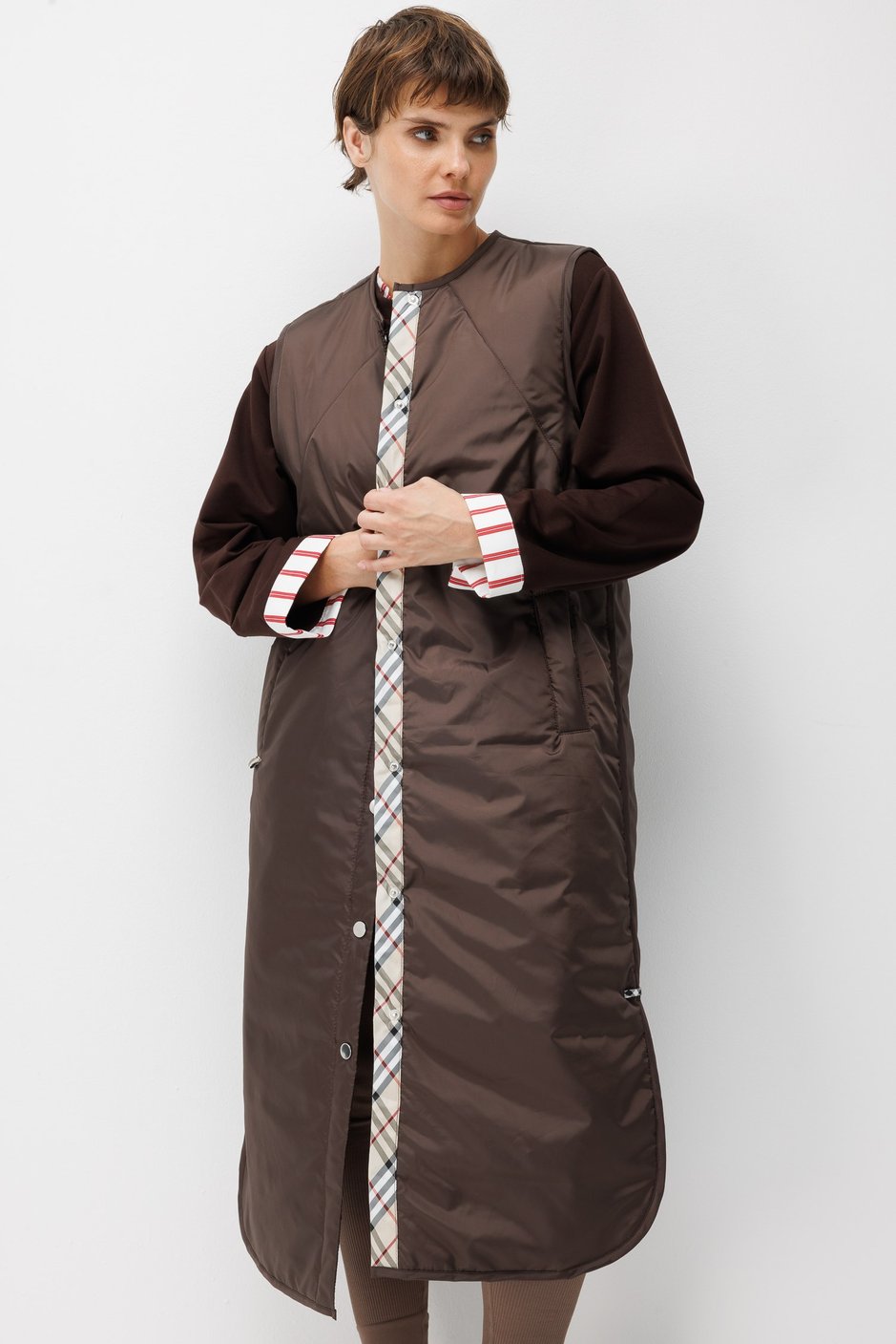 Classy Ekose Garnili Çıtçıtlı Uzun Yelek-Kahve