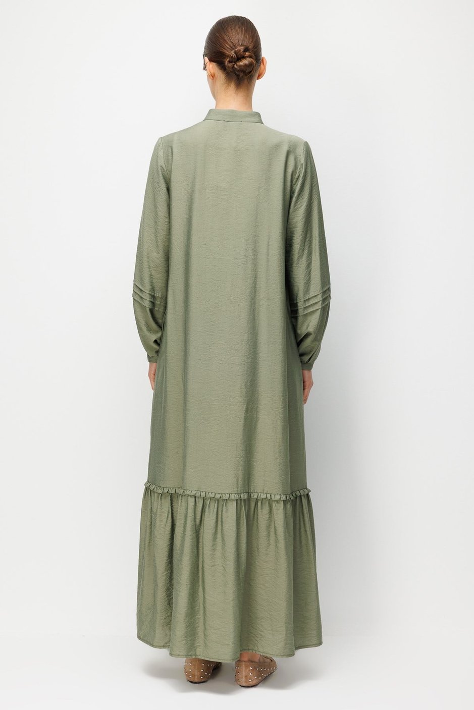 Goldy %85 LyoCELL Soft Kumaştan Büzgü Detaylı Zamansız Maxi Tunik Elbilse-Haki