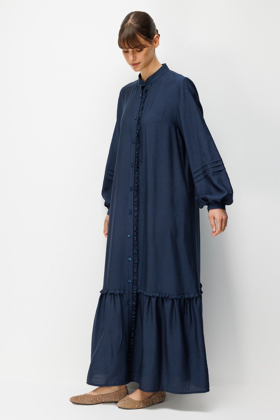 Goldy %85 LyoCELL Soft Kumaştan Büzgü Detaylı Zamansız Maxi Tunik Elbilse-Laci