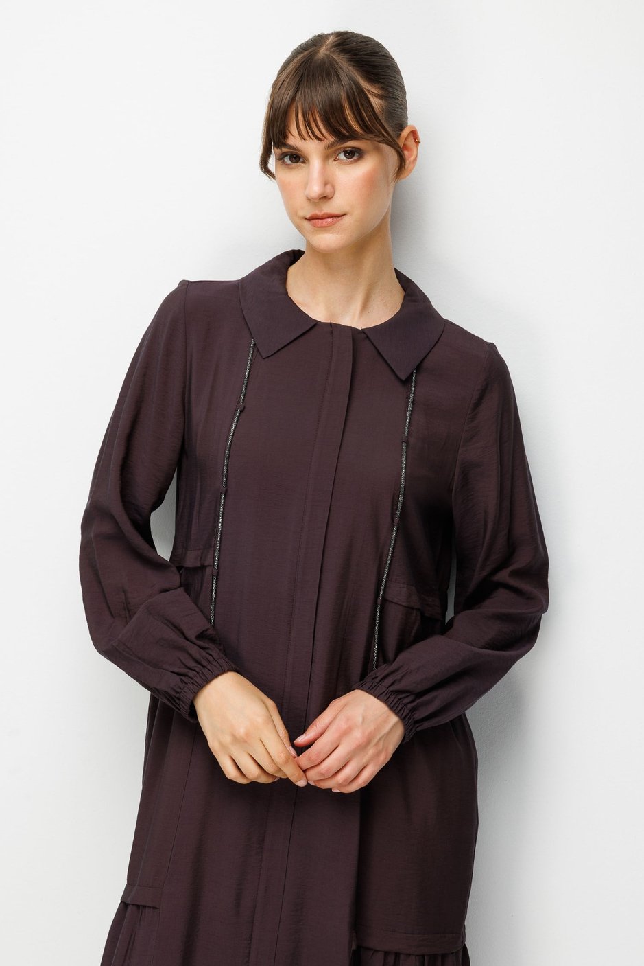 Goldy %85 LyoCELL Soft Kumaştan Yaka Zincir Aksesuarlı Zamansız Maxi Tunik-Elbise-Kahve