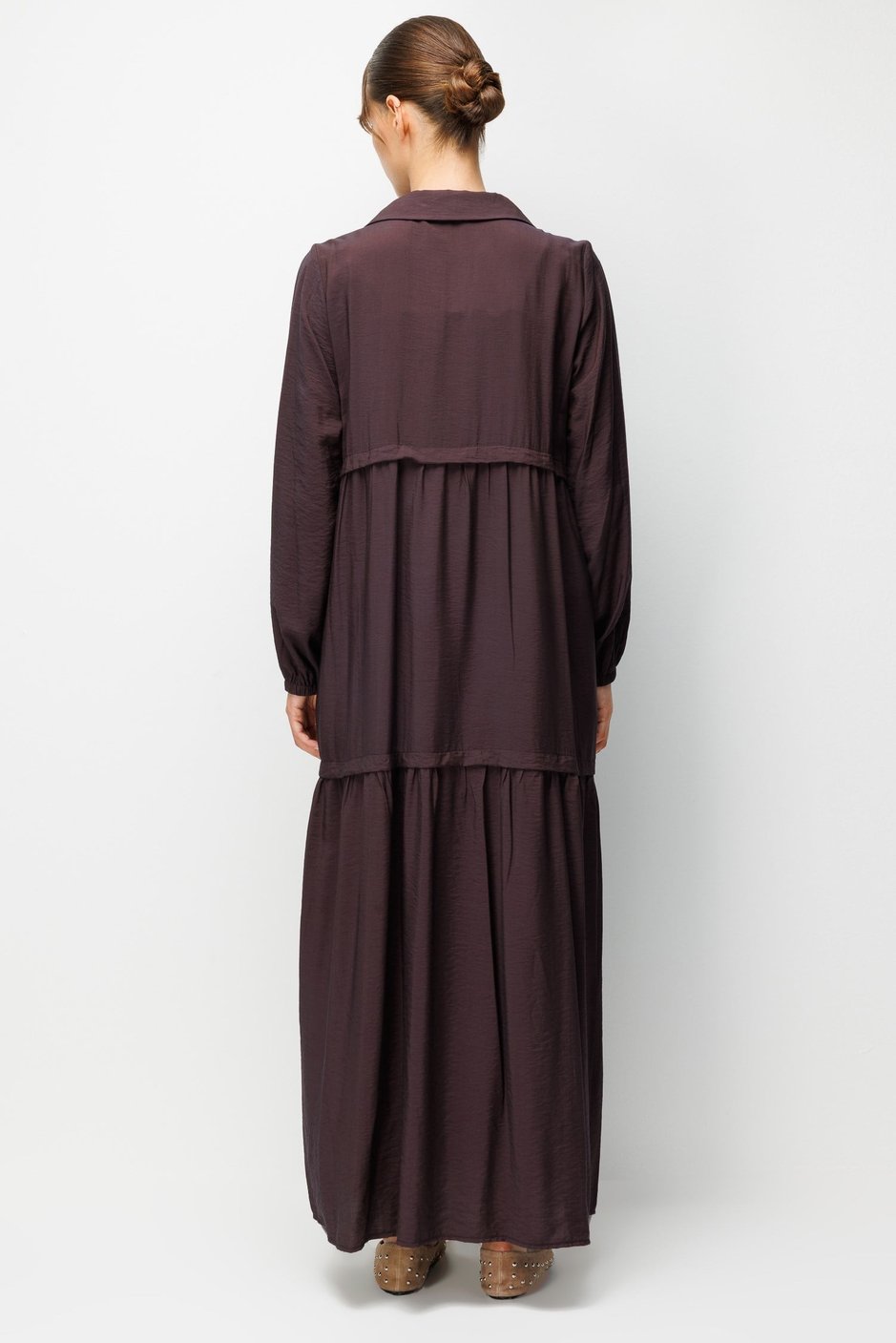 Goldy %85 LyoCELL Soft Kumaştan Yaka Zincir Aksesuarlı Zamansız Maxi Tunik-Elbise-Kahve