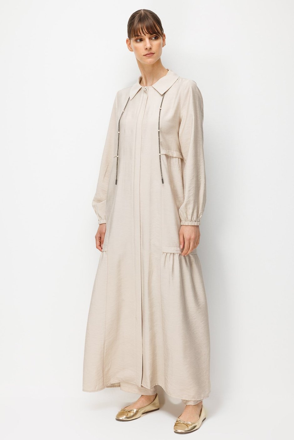 Goldy %85 LyoCELL Soft Kumaştan Yaka Zincir Aksesuarlı Zamansız Maxi Tunik-Elbise-Taş