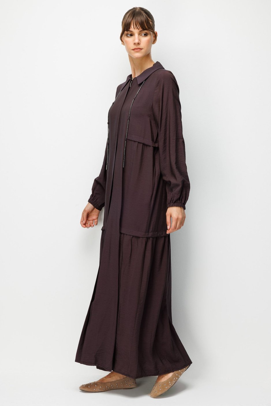 Goldy %85 LyoCELL Soft Kumaştan Yaka Zincir Aksesuarlı Zamansız Maxi Tunik-Elbise-Kahve