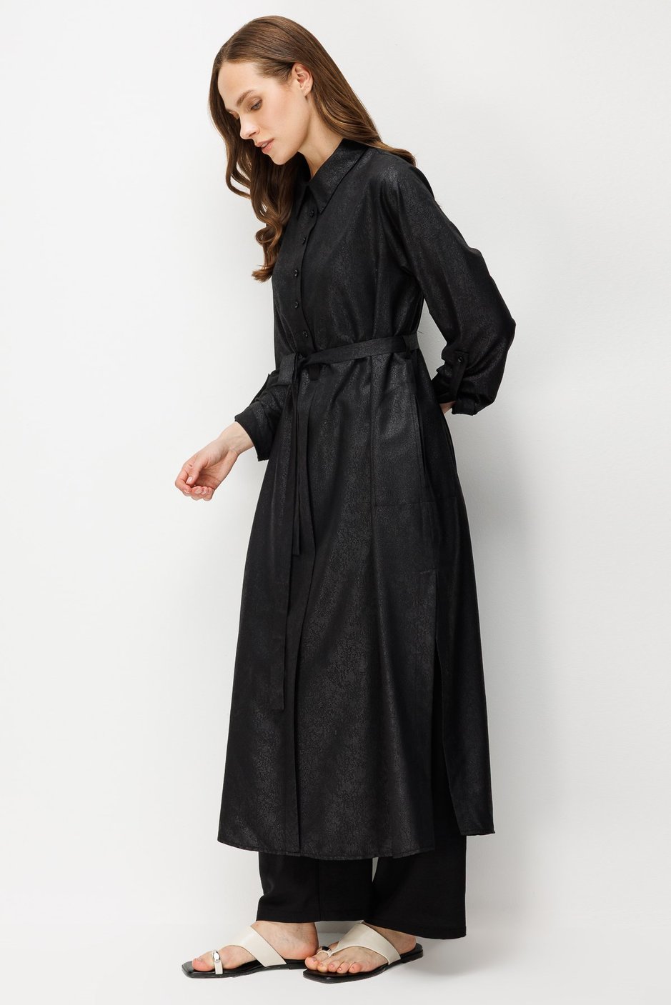 Kum Desen Maxi Tunik ve Pantalon Kombin Takım-Siyah