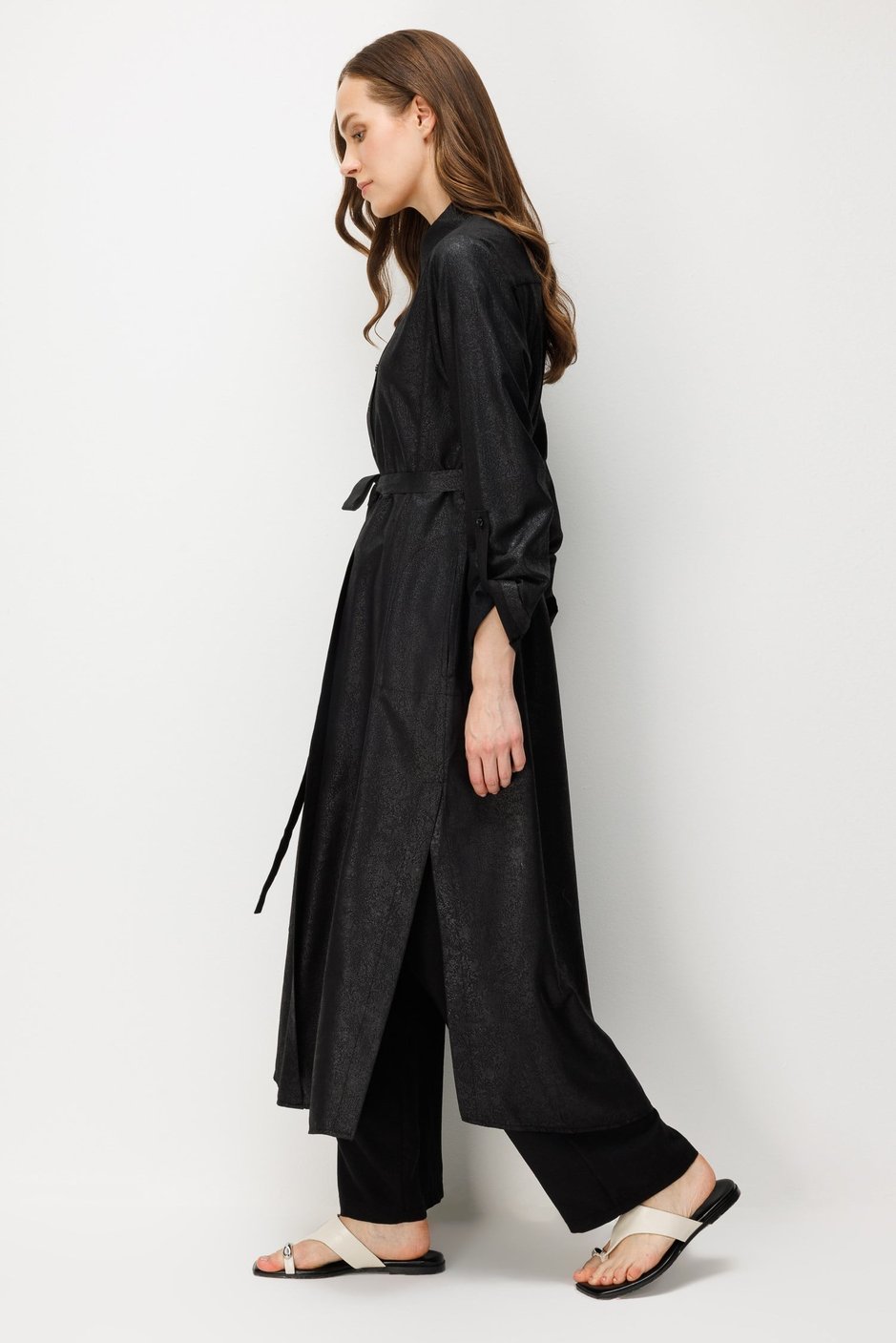 Kum Desen Maxi Tunik ve Pantalon Kombin Takım-Siyah