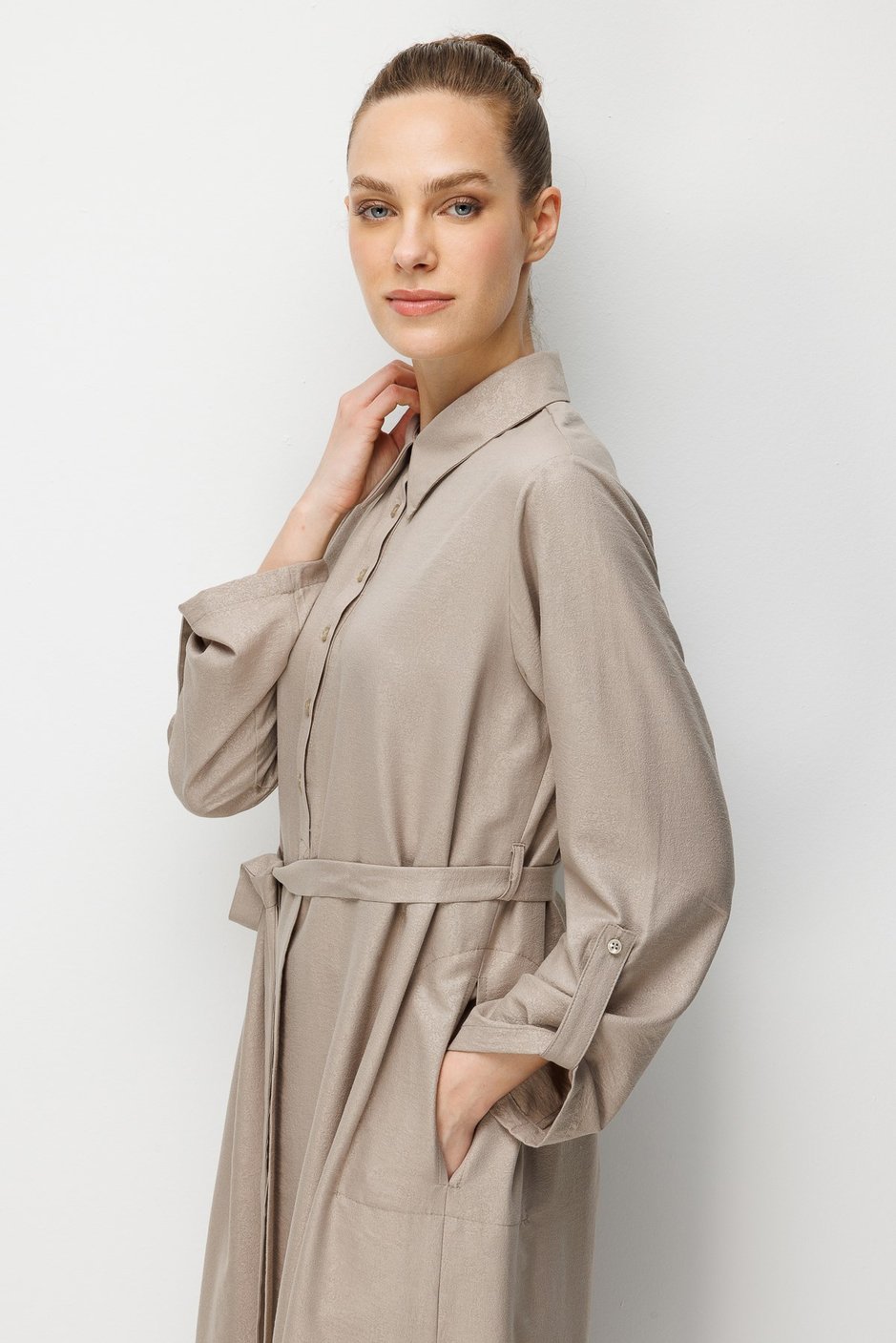Kum Desen Maxi Tunik ve Pantalon Kombin Takım-Taş