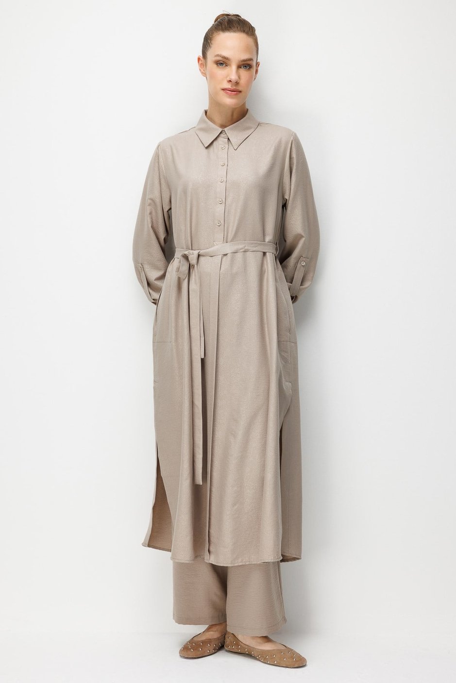 Kum Desen Maxi Tunik ve Pantalon Kombin Takım-Taş