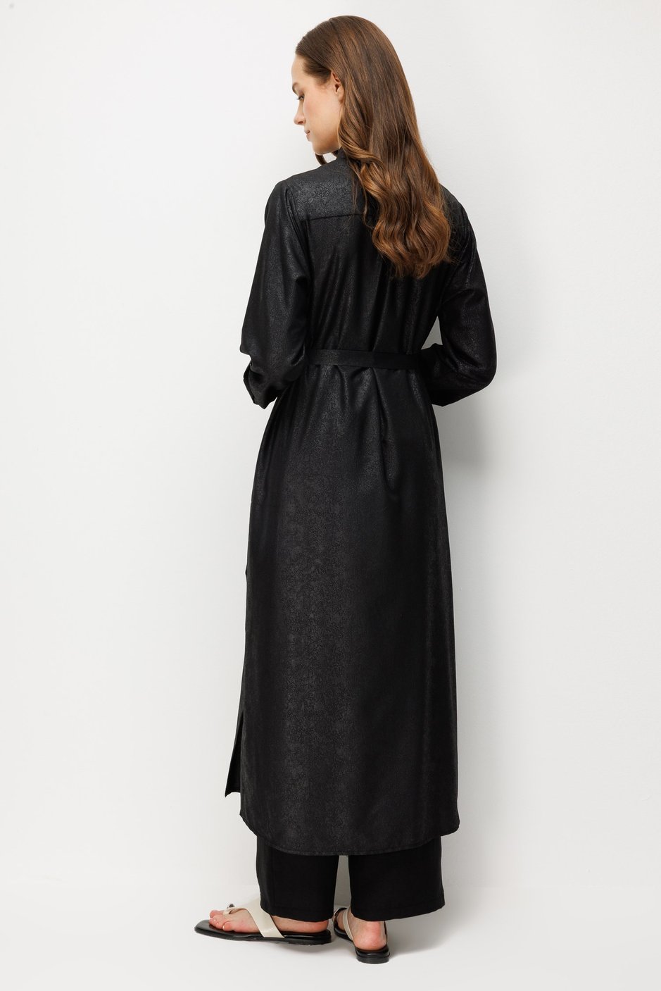 Kum Desen Maxi Tunik ve Pantalon Kombin Takım-Siyah