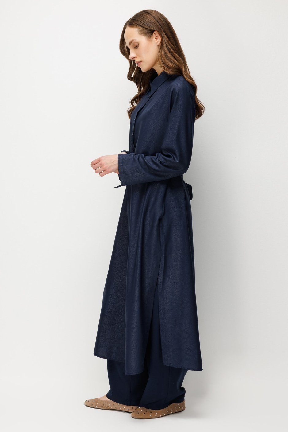 Kum Desen Maxi Tunik ve Pantalon Kombin Takım-Laci