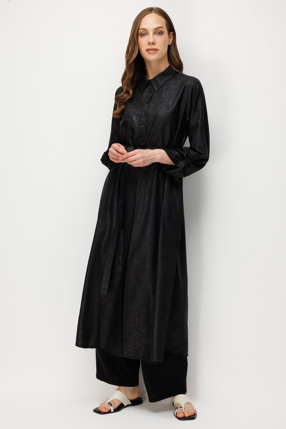 Kum Desen Maxi Tunik ve Pantalon Kombin Takım-Siyah