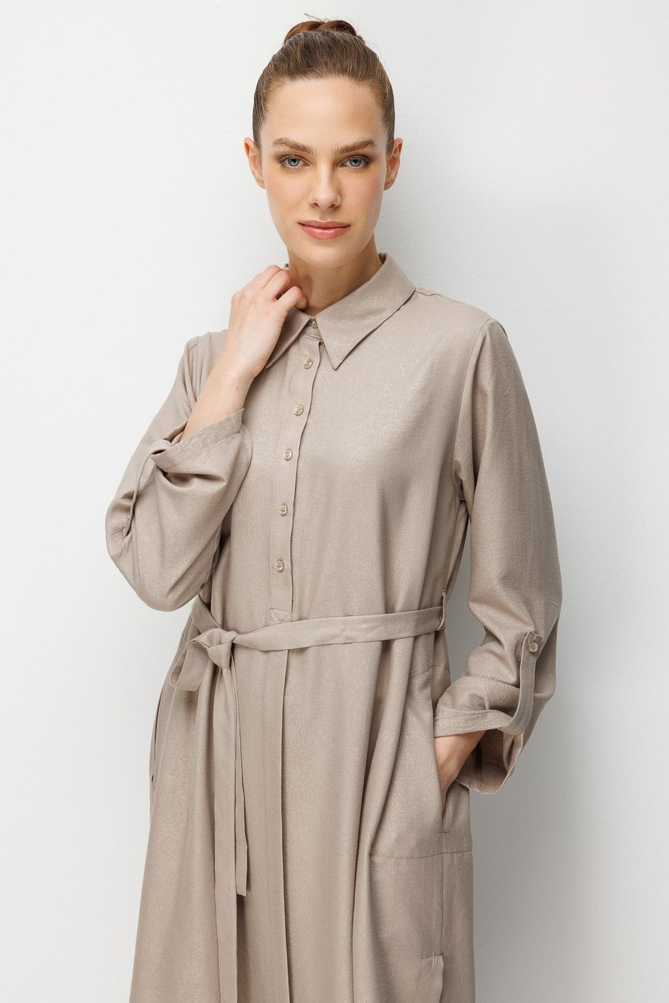 Kum Desen Maxi Tunik ve Pantalon Kombin Takım-Taş