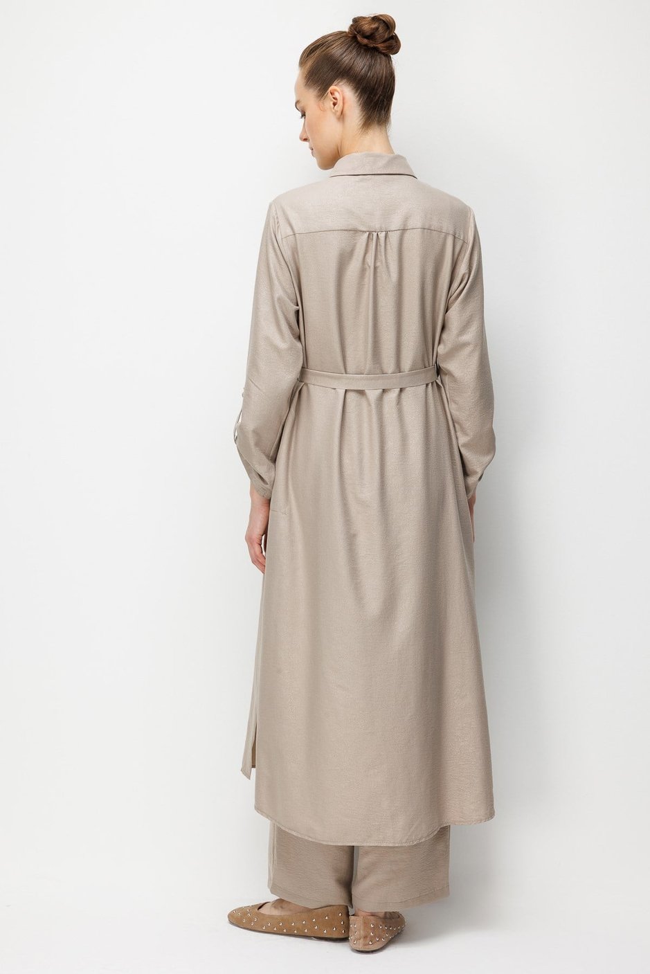 Kum Desen Maxi Tunik ve Pantalon Kombin Takım-Taş