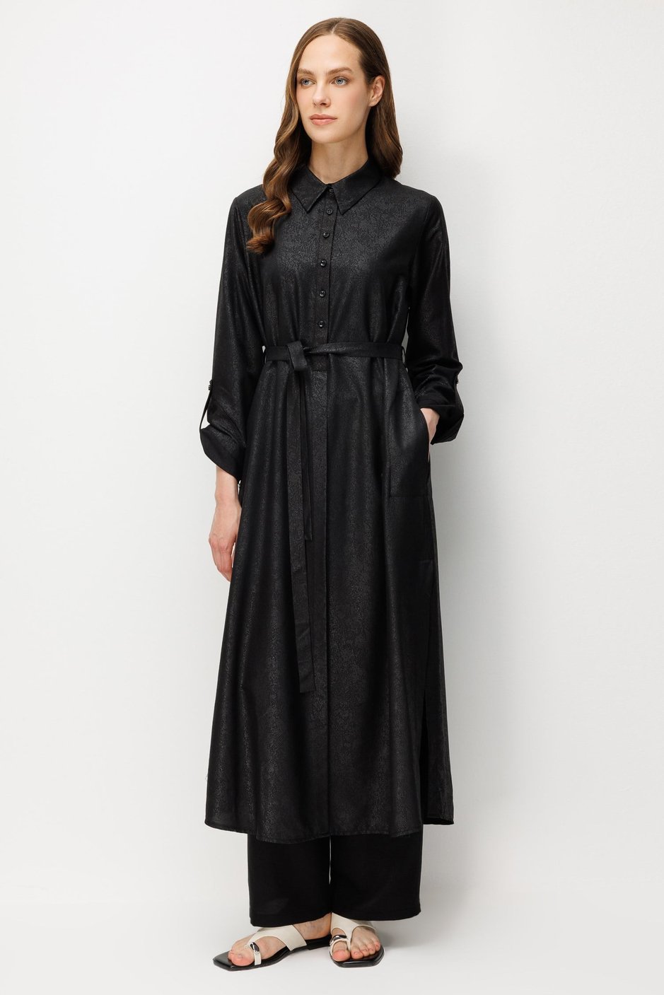 Kum Desen Maxi Tunik ve Pantalon Kombin Takım-Siyah
